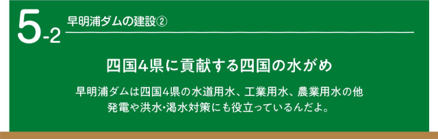 早明浦ダムの建設2　四国4県に貢献する四国の水がめ　早明浦ダムは四国4県の人たちの理解と協力があったんだよ。