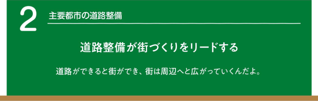 主要都市の道路整備　道路整備が街づくりををリードする 道路ができると街ができ、待ちは周辺へと広がっていくんだよ。